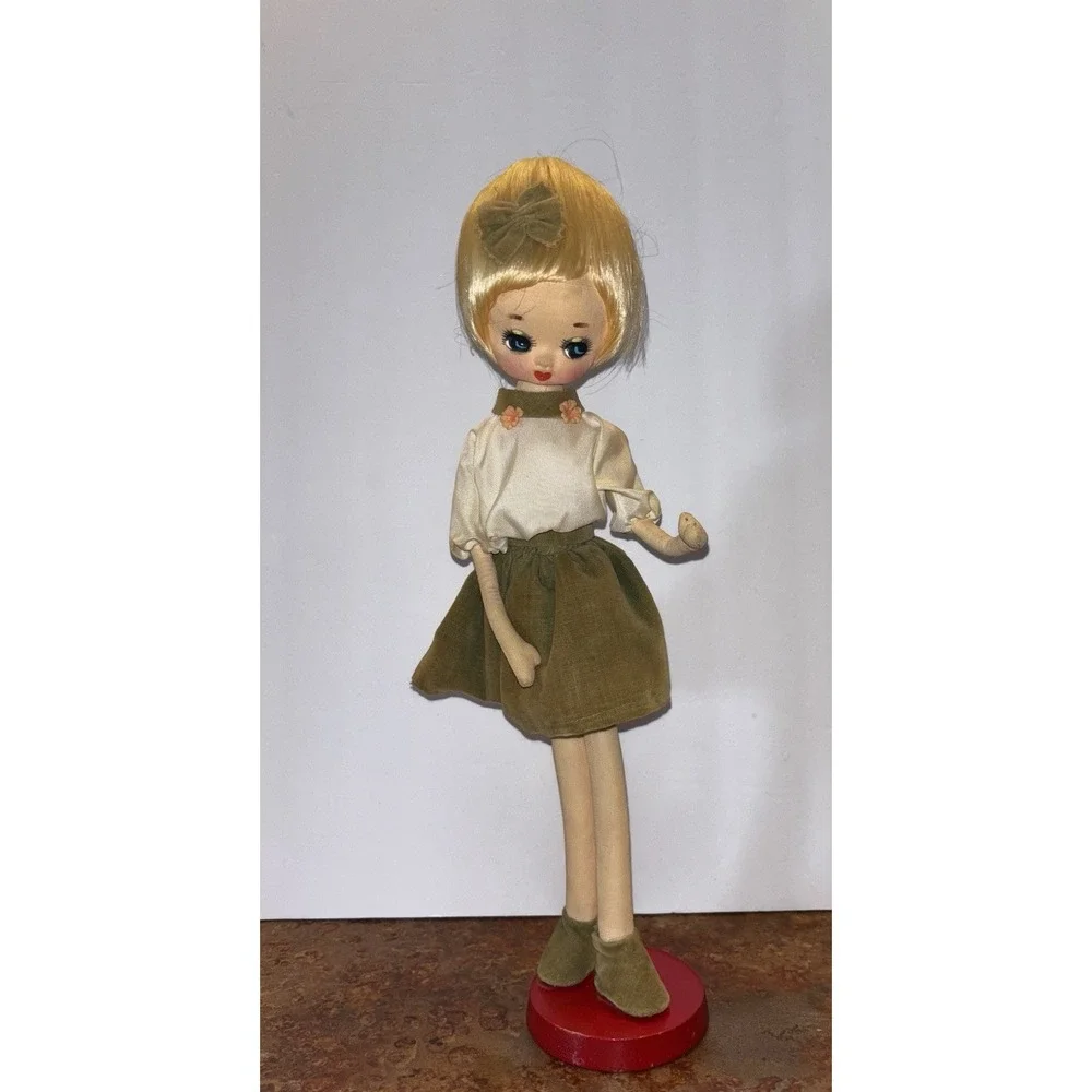 Vintage 60's Big Eye Standing Pose Doll Blonde Hair Olive Green Dress Japan